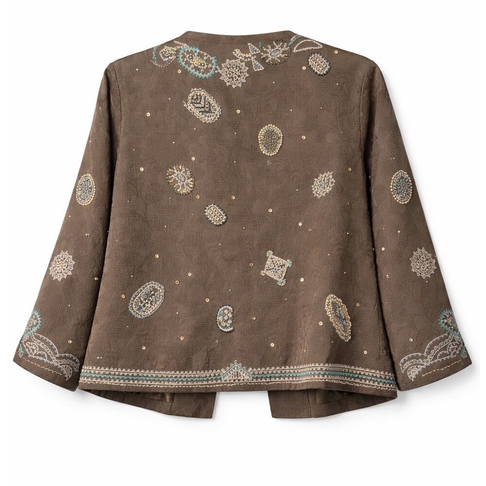 Nic + Zoe Embellished Cotton Jacket M Taupe Beaded Embroidered Boho Chic
